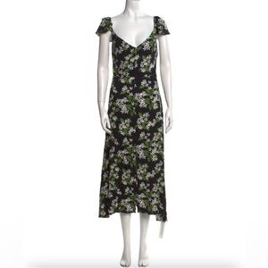 Reformation Floral Midi Dress Black Green Low Back Short Sleeve Size L
